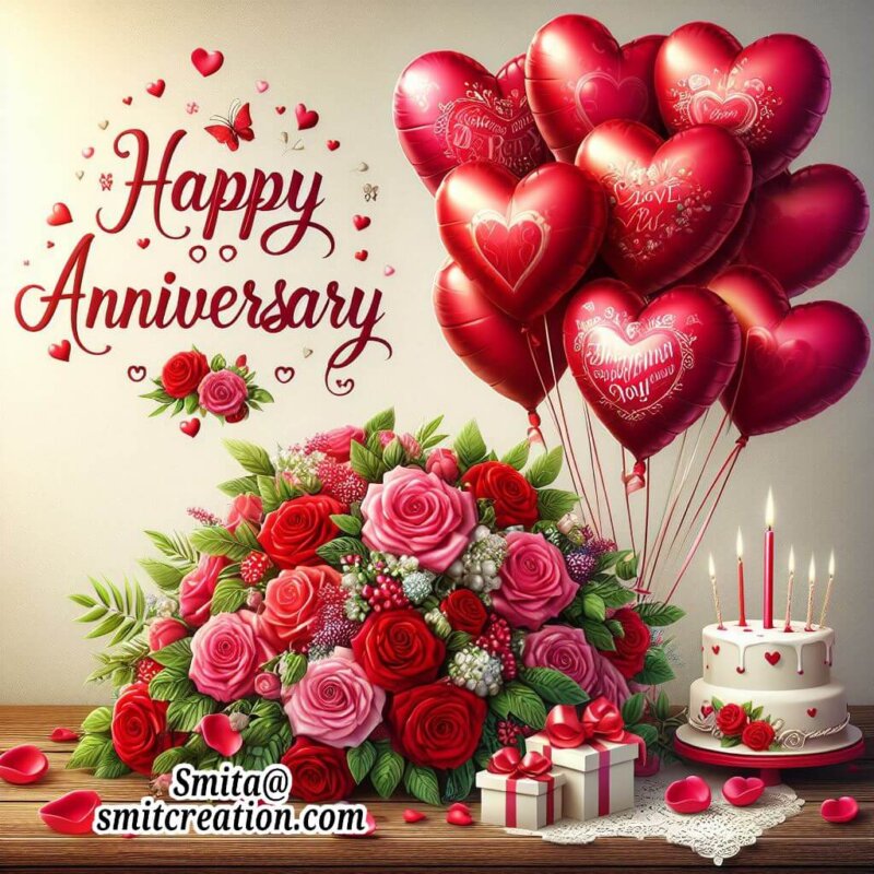 Happy Anniversary Image With Roses And Balloons